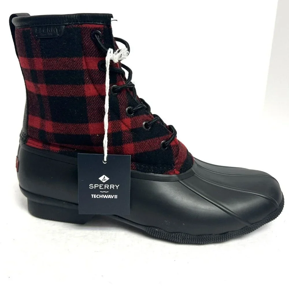 Sperry Mens Saltwater Buffalo Check Boot Red Size 11 M
